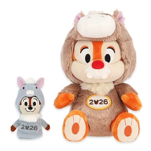Two plush Chipmunk dolls in cute animal outfits, exclusive for Tokyo Disney Resort’s 2026 New Year’s line—no castle in view.