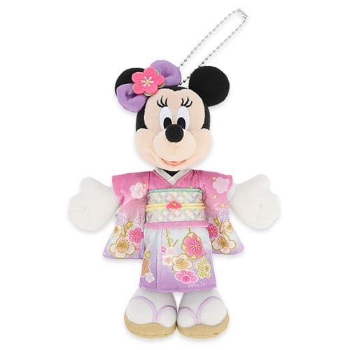 Plush Minnie Mouse in a floral kimono with bow and keychain; 2026 New Year's item exclusive to Tokyo Disney Resort, no castle shown.