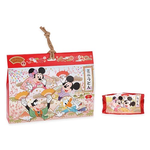 Red and pink packaging for 2026 New Year's at Tokyo Disney Resort shows Mickey, Minnie, and Donald in Japanese outfits; no castle visible.