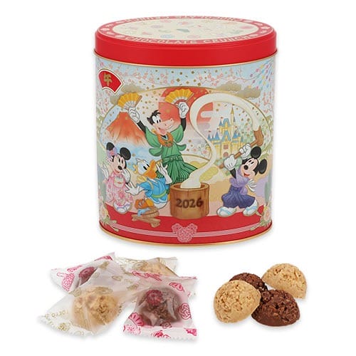 A decorative tin from Tokyo Disney Resort's 2026 New Year, with cookies and Disney characters—no Cinderella Castle shown.