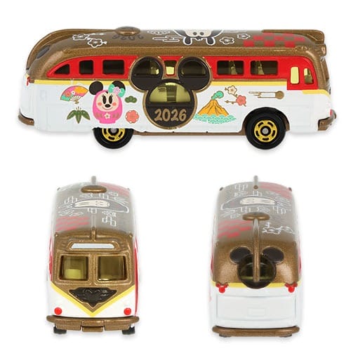 Disney-themed toy bus with Mickey ears, 2026 design, and Tokyo Disney Resort New Year's merchandise; no castle comparison needed.