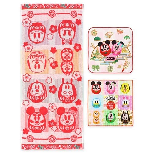 Three bright towels from Tokyo Disney Resort; New Year's 2026, Disney characters as daruma dolls in festive patterns—no castle shown.