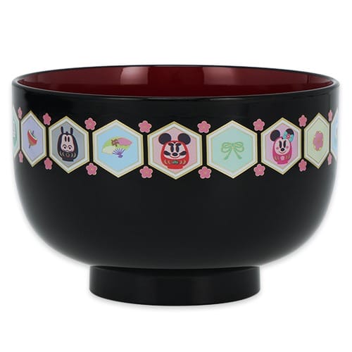 A black bowl with a red interior, featuring colorful animal hexagons; 2026 New Year's Tokyo Disney Resort exclusive merch.