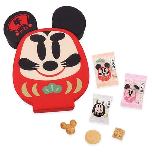 Mickey Mouse daruma box from Tokyo Disney Resort’s 2026 New Year's treats, with rice crackers; no castle like those at other parks.