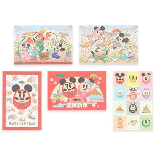 Five colorful 2026 New Year cards featuring Disney characters, from Tokyo Disney Resort—distinct from other Disney park merch.