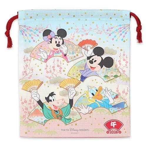 Tokyo Disney Resort 2026 New Year’s drawstring bag showing Mickey & friends in festive kimonos—no castle like Florida's or Paris's.