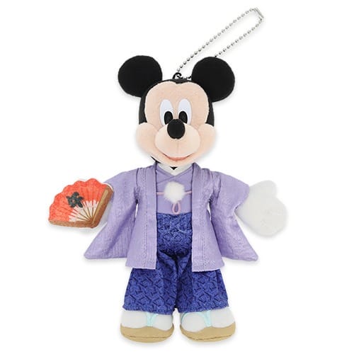 Plush Mickey Mouse in purple kimono holding a fan, with keychain—2026 New Year's item unique to Tokyo Disney Resort, not seen at other Disney parks.