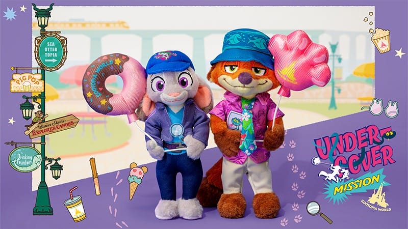 Judy Hopps and Nick Wilde plush toys in blue hats with treats, exclusive Zootopia 2 merchandise from Tokyo Disneyland, no castle shown.