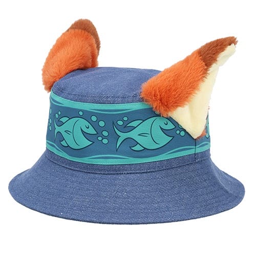 Blue bucket hat featuring orange fox ears, green band, and cartoon fish—fun Zootopia 2 merch seen in Disney parks worldwide.