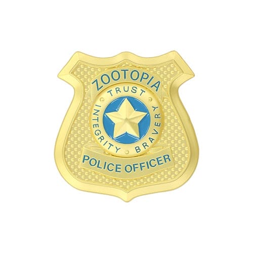 Tokyo Disneyland Zootopia police badge in gold with a blue star and "Trust, Integrity, Bravery" text; park castle not shown.