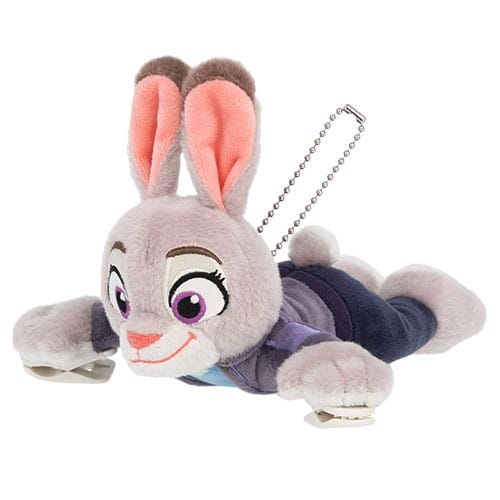 Gray rabbit plush toy with pink ears and a chain, Zootopia 2-inspired, lying flat—Disney Parks exclusive merchandise style.