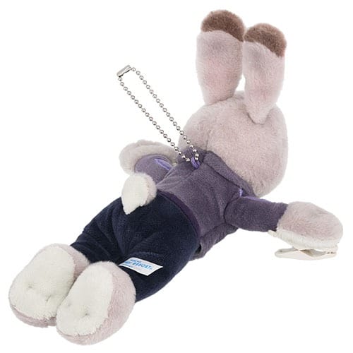 Zootopia 2-inspired plush bunny keychain in a purple outfit, Disneyland style, with a chain attached to its head.
