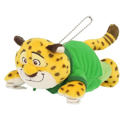 A plush toy leopard wearing a green outfit with a ball chain, a cute Tokyo Disneyland-style collectible for fans of Zootopia 2.