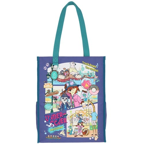 Colorful tote bag featuring cartoon animal detectives, inspired by Zootopia 2 and Tokyo Disneyland’s vibrant merchandise aesthetic.