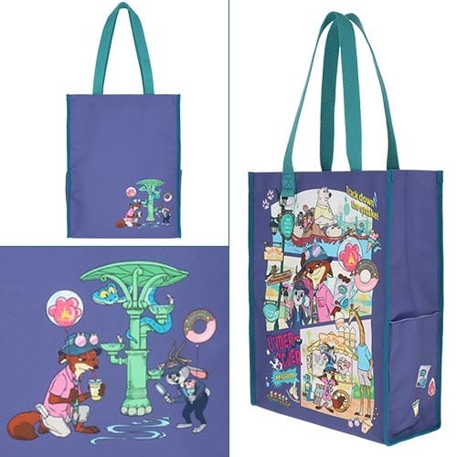 Purple tote bag with teal handles, decorated with Tokyo Disneyland characters and bright scenes. Tokyo castle differs from Florida’s.