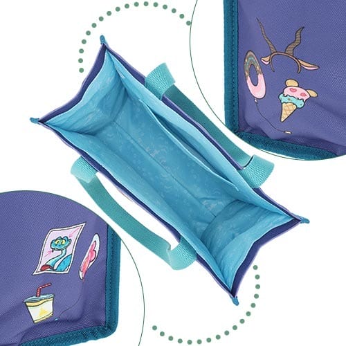 Purple and blue Zootopia 2-inspired tote bag with playful patches, opened to reveal inner details, similar to Disney park merchandise.