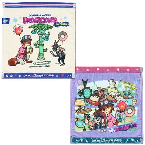 Two colorful cloths show Zootopia characters as detectives, a fun Tokyo Disneyland exclusive unlike other Disney park merchandise.