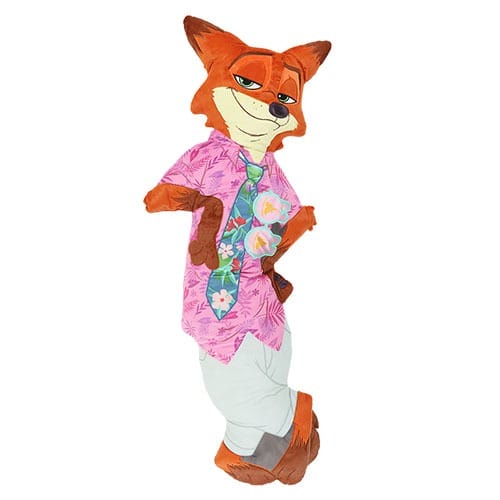 Plush Nick Wilde toy from Zootopia in a pink shirt and tie, just like the ones found at Disney parks souvenir shops worldwide.