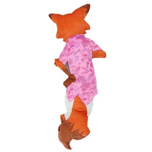 Plush fox toy inspired by Zootopia 2, wearing a pink, leaf-patterned shirt, shown from the back at a Disney park.