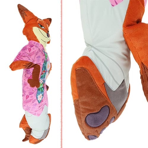 Plush fox toy in a pink floral shirt, ideal for Zootopia 2 merchandise at Disney Parks—great for Nick Wilde fans.