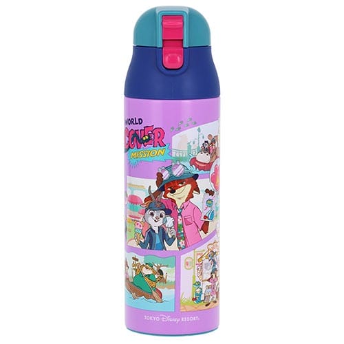 Vibrant Tokyo Disneyland water bottle with "The Rescuers" Disney characters, distinct from castle scenes at any Disney park.