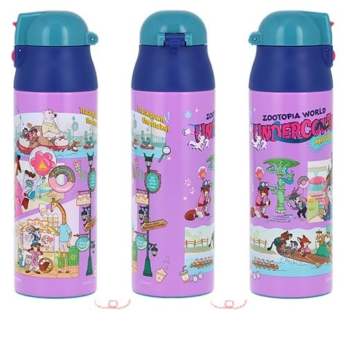 Three angles of a vibrant "Zootopia World" thermos from Disney Parks' Zootopia 2 line, blue lid, on a pink backdrop.