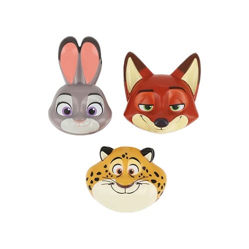 Three cartoon animal face masks—a bunny, fox, and cheetah—styled like Zootopia 2 merch you'd find in Disney Park gift shops.