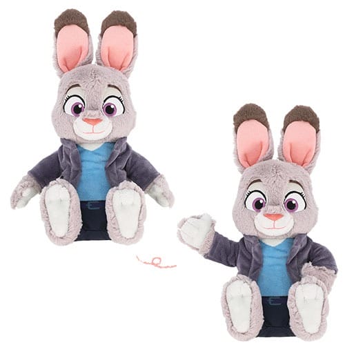 Two plush toys of a gray bunny in blue and purple, great for Zootopia 2 fans at Disney Parks, no castle like those at Disneyland.