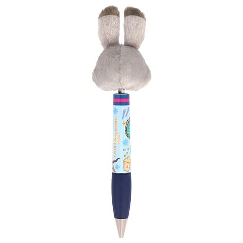 A pen with a plush bunny tail, Zootopia 2 Disney Parks merch, features vibrant cartoon art on the barrel reminiscent of park souvenirs.