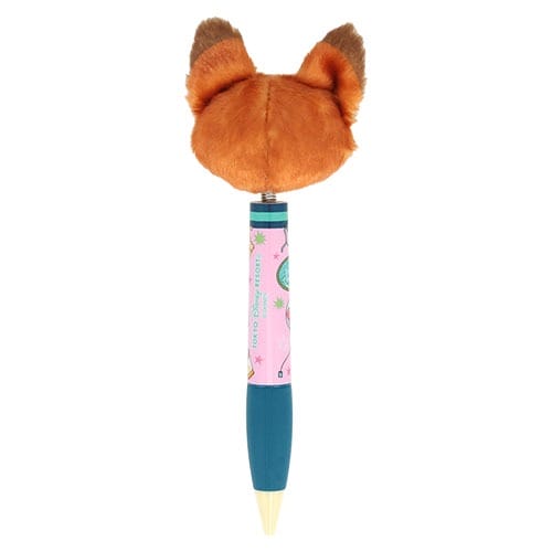 A colorful pen with a pink and blue barrel, topped with a plush fox head from Zootopia 2, popular at many Disney Parks worldwide.