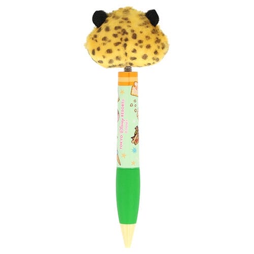 A green pen topped with a plush leopard-print animal head, great Zootopia 2 merch like you'd spot at Shanghai Disneyland.