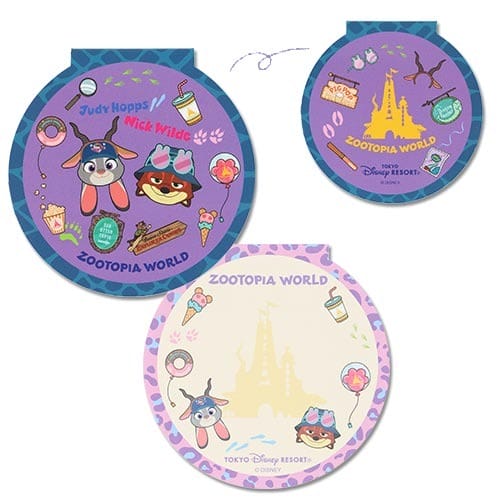 Three round, purple "Zootopia World" notepads from Tokyo Disneyland, with Judy Hopps, Nick Wilde, and themed snacks.