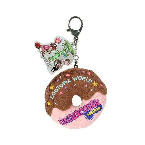 Plush donut keychain reading "Zootopia World Undercover Mission," exclusive Tokyo Disneyland Zootopia 2 merch—not castle-related.