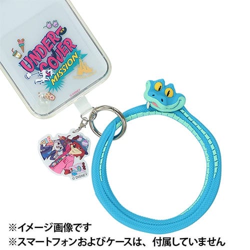 Blue phone strap with a snake design, keyring, and Tokyo Disneyland "UNDERCOVER MISSION" cartoon case charm—distinct Disney details.