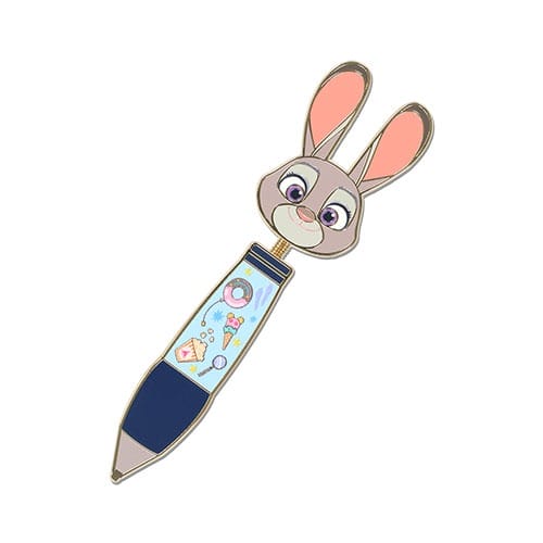 A Zootopia 2 pen topped with a cartoon rabbit head and vibrant patterns, likely found at a Disney park’s exclusive merchandise shop.