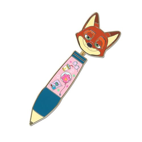 Cartoon pen with a fox head, pink and blue body, styled like Zootopia 2 Disney Parks merch—no castle in this image.