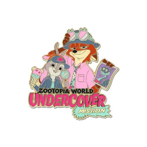 Judy Hopps and Nick Wilde in detective outfits enjoy ice cream, hold a camera, with Zootopia 2 merch, park setting not castle.