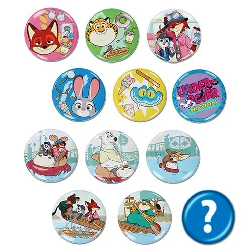Eleven colorful Zootopia buttons, Zootopia 2 park merch, plus a mystery button with a blue question mark—no castle featured.