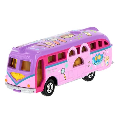 A pink and purple Zootopia 2-themed toy bus with cartoon graphics, similar to souvenirs found at shops in Disney Parks worldwide.