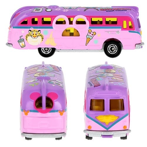 A pink and purple Zootopia 2 toy van with cartoon animals, shown from multiple angles, reminiscent of Disney park merchandise.