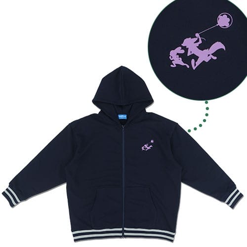 Navy blue hooded jacket with white-trimmed cuffs and a small pink cartoon graphic, reflecting Tokyo Disneyland's playful style.