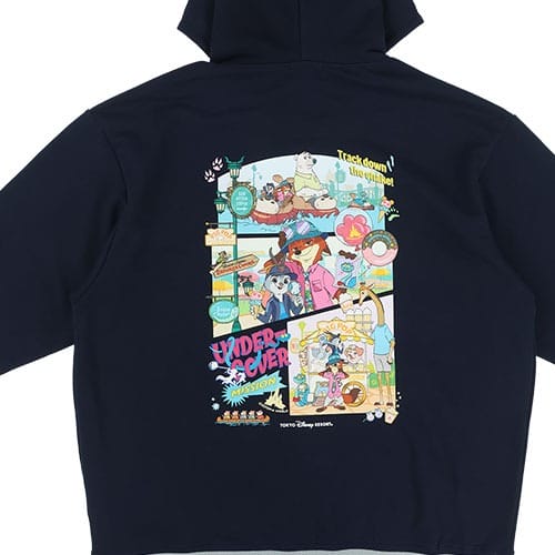 Navy hoodie featuring bright comic graphics, resembling rare Zootopia 2 merch found only at Tokyo Disneyland, not other parks.