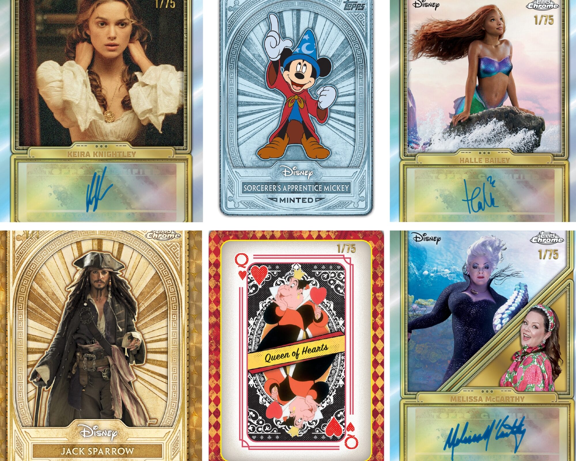 Six Disney Parks Topps trading cards with exclusive character art, signatures, and park icons—perfect for any Disney collector.