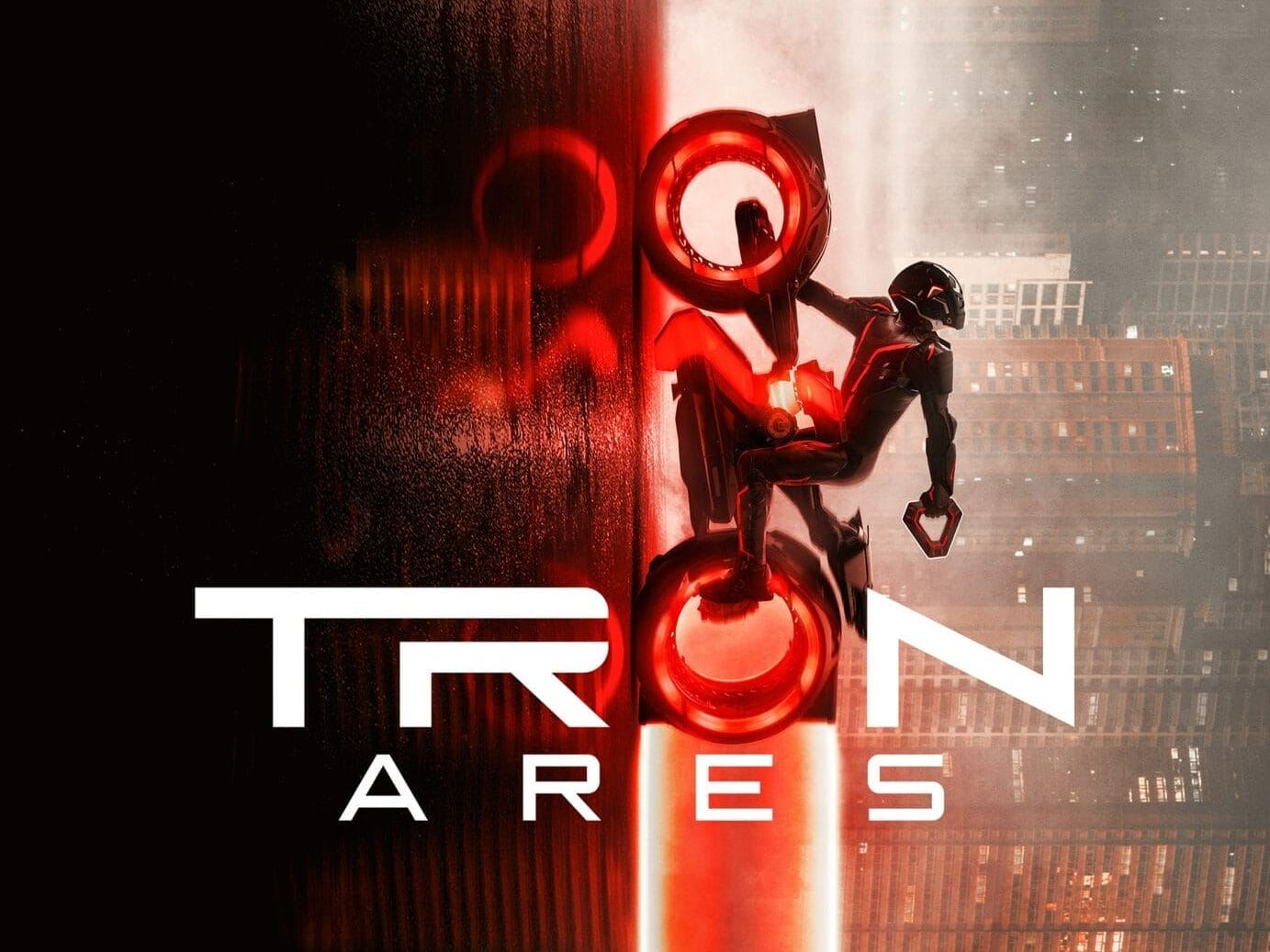 A figure in a futuristic suit rides a glowing red light cycle vertically on a dark cityscape. Text reads "TRON ARES.
