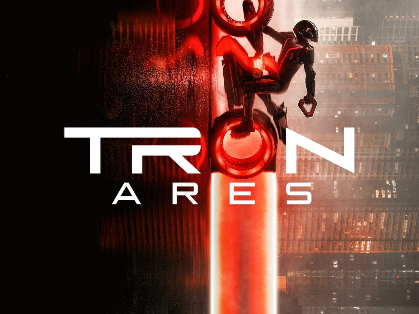A figure in a futuristic suit rides a glowing red light cycle vertically on a dark cityscape. Text reads "TRON ARES.