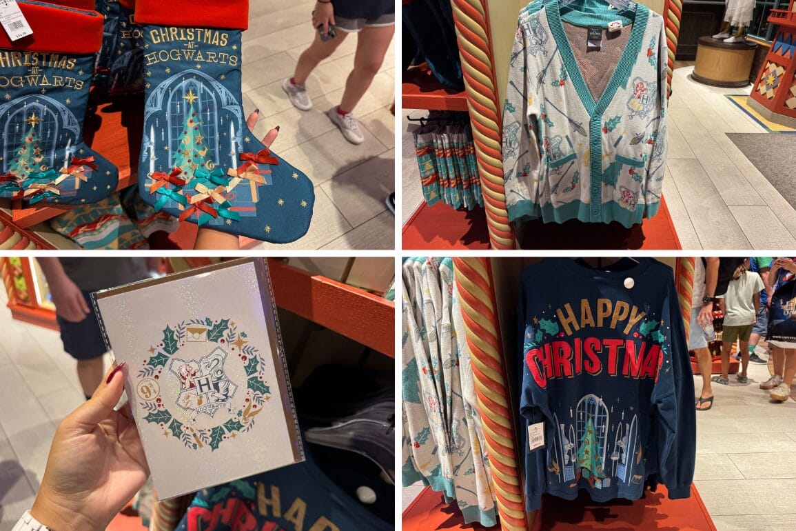 Four images show Harry Potter Christmas merch, like stockings and sweaters, at North Star Wintry Wonders in Epic Universe.