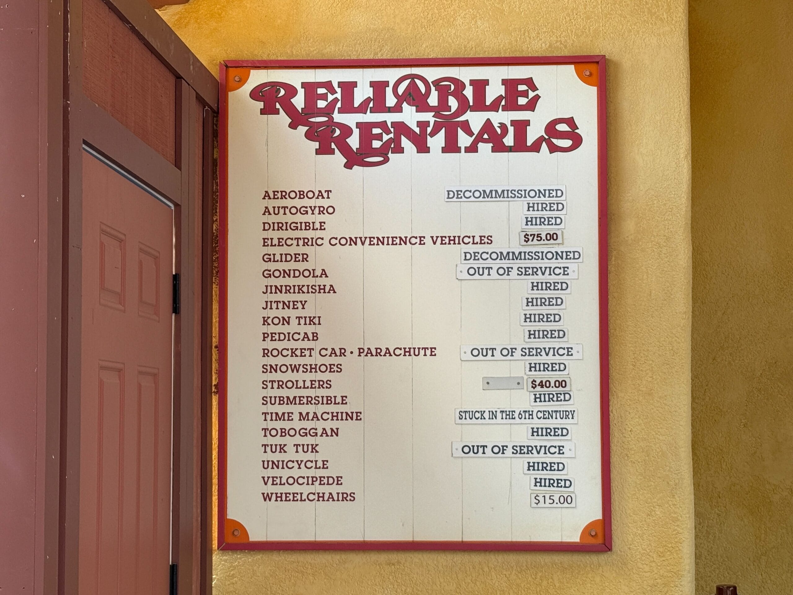 A whimsical rental sign, like those in Disney parks, lists vehicles with prices; some marked as hired or unavailable for magic.
