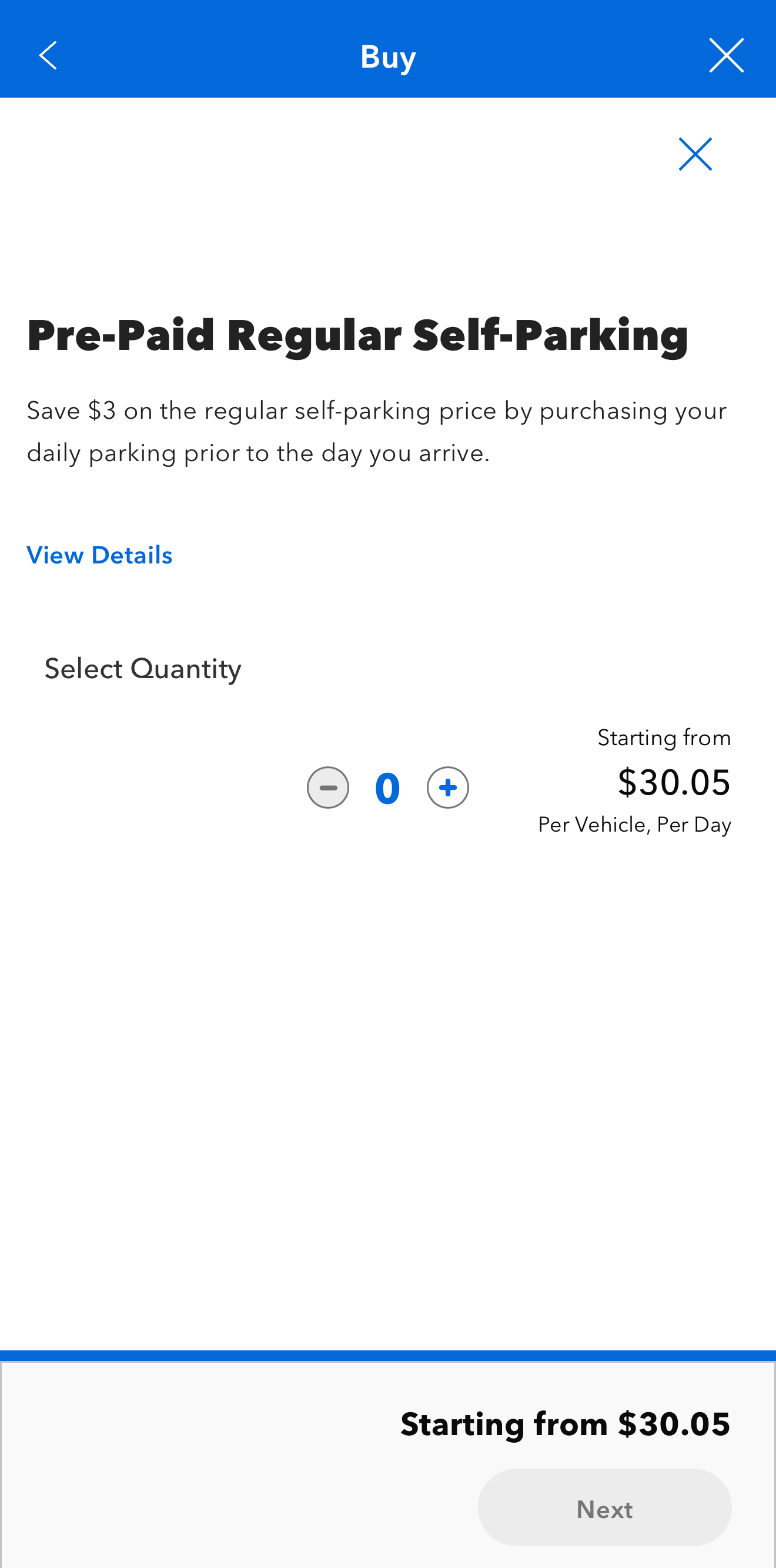 Screenshot of Walt Disney Park parking purchase page with prepaid self-parking for $30.05 per day, per vehicle, and quantity selector.