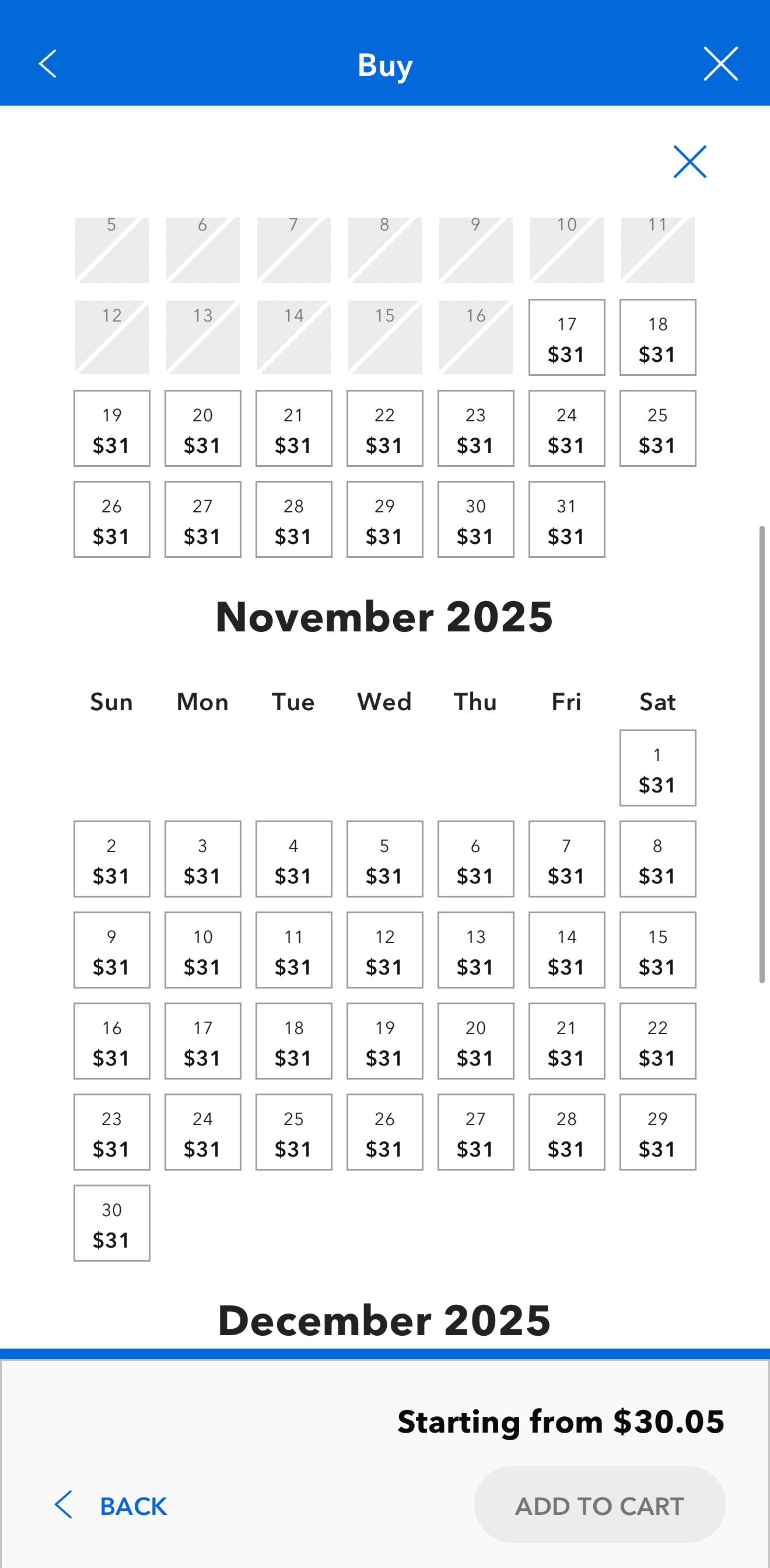 November 2025 ticket calendar, all dates at $31, add to cart from $30.05. No castle comparison shown in this view.