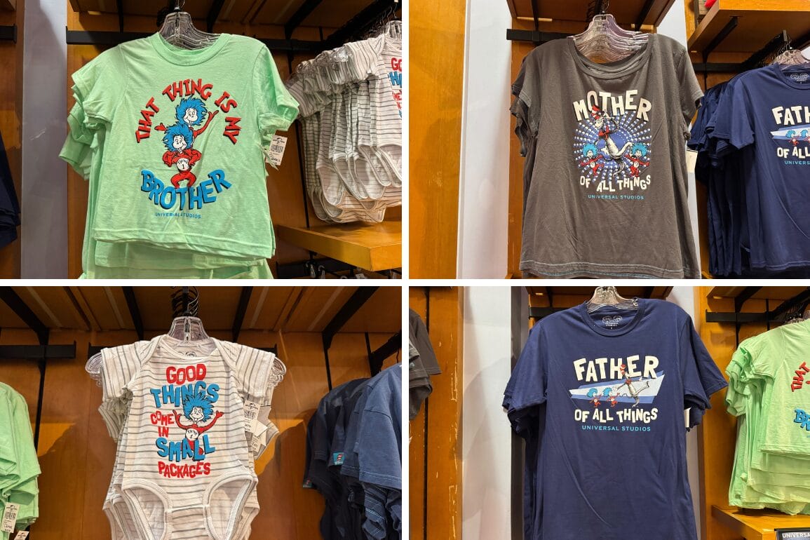 Four shirts and a onesie with playful Dr. Seuss Thing 1 and Thing 2 family designs, not resembling Disney Parks castle apparel.